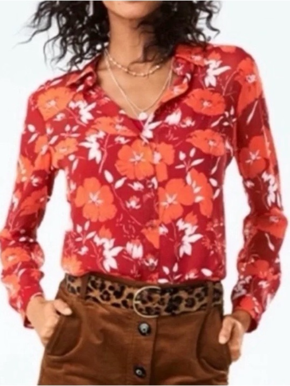 Cabi Hothouse Floral Chiffon Blouse Red /Orange Semi-sheer M button front